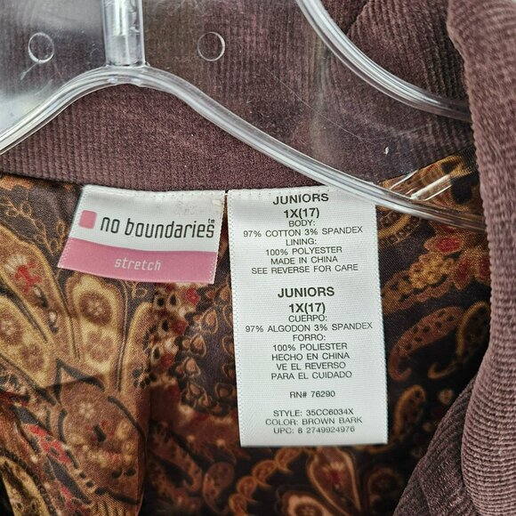 No Boundaries Vintage Corduroy Blazer 1X 17 Juniors Brown Bark Stretchy 1 Button - Picture 2 of 13